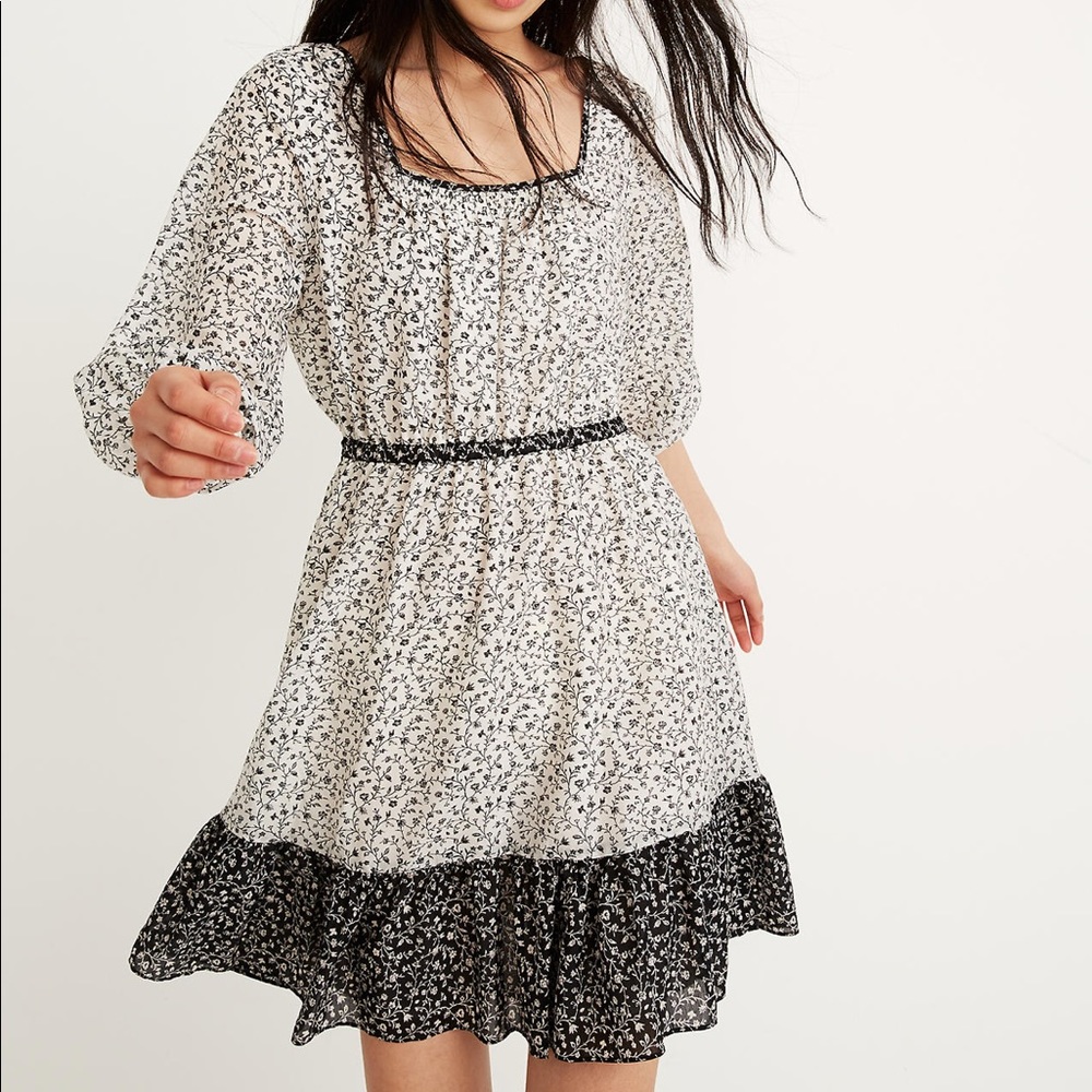 Pattern-Mix Ruffle-Hem Dress in Garden Toile